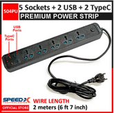 Extension Board with 2 USB Ports + 2 Type C Ports + 5 Sockets Universal Travel Charging Adapter